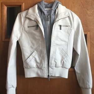 White Synthetic Leather Jacket w/ Built in Hoodie